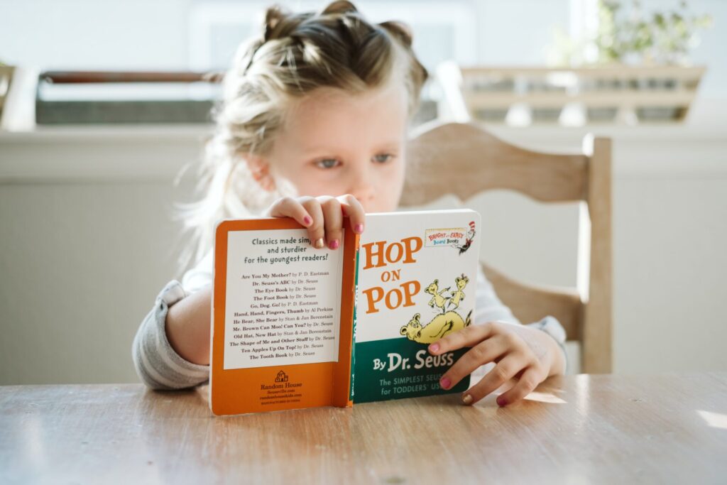 Girl reading book, Hop on Pop