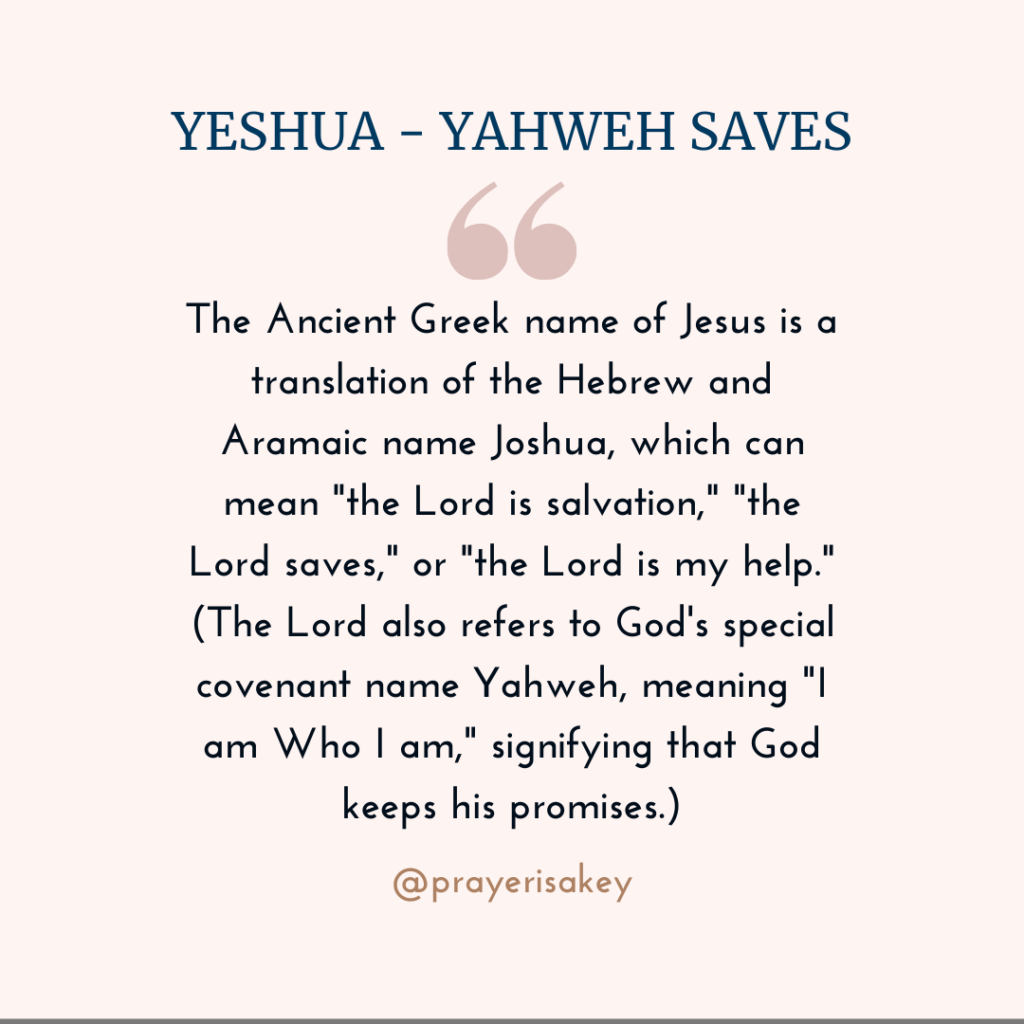 The Ancient Greek name of Jesus is a translation of the Hebrew and Aramaic name Joshua, which can mean "the Lord is salvation," "the Lord saves," or "the Lord is my help." (The Lord also refers to God's special covenant name Yahweh, meaning "I am Who I am," signifying that God keeps his promises.)
